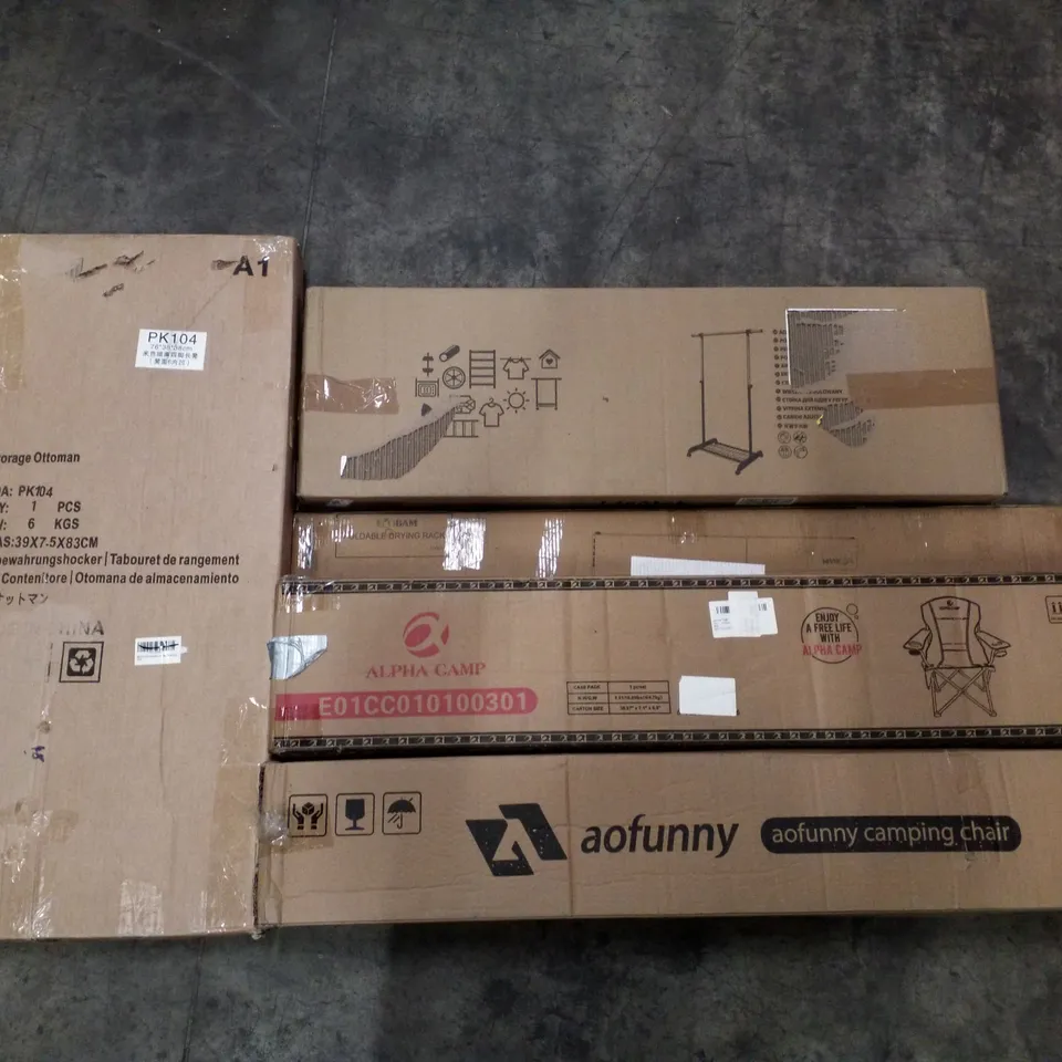 PALLET OF ASSORTED PRODUCTS INCLUDING STORAGE OTTOMAN, CAMPING CHAIR, FOLDABLE DRYING RACK, ADJUSTABLE CLOTHING RACK