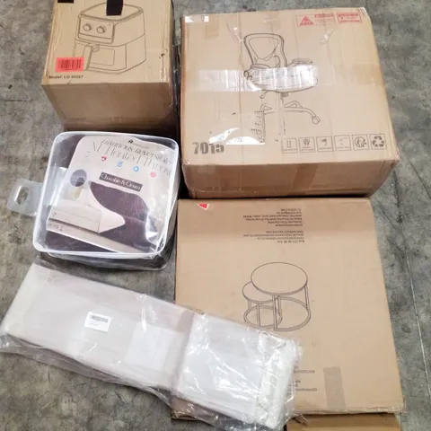 PALLET CONTAINING ASSORTED PRODUCTS TO INCLUDE AIR FRYER, OFFICE CHAIR, COFFEE TABLE, FLOATING SHELF, HEATED BLANKET 