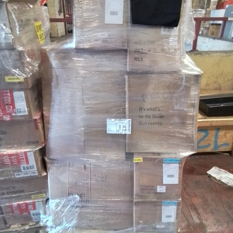 PALLET CONTAINING LARGE QUANTITY OF NEW CLOTHES HATS SOCKS ETC.