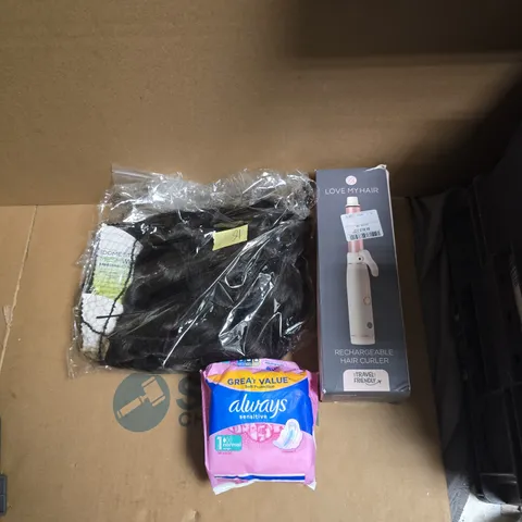 APPROXIMATELY 15 ASSORTED HEALTH & BEAUTY PRODUCTS TO INCLUDE ALWAYS SENSITIVE SANITARY PADS, RECHARGABLE HAIR CURLER, ASSORTED WIGS ETC - COLLECTION ONLY