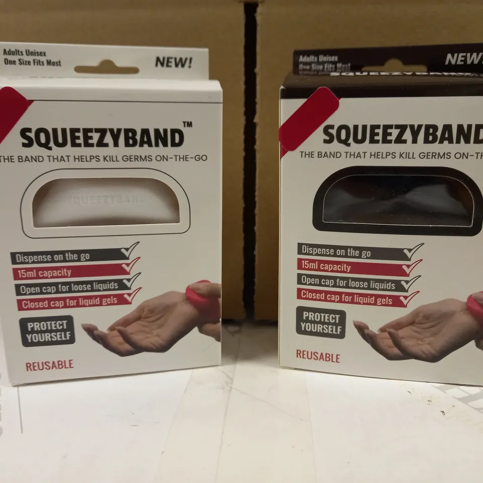 LOT OF 2 SQUEEZYBAND PORTABLE HAND SANITIZER DISPENSERS