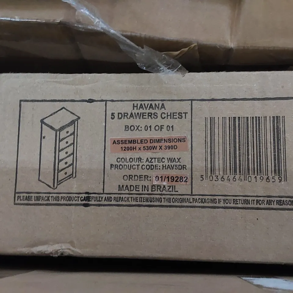 BOXED HAVANA 5 DRAWER CHEST OF DRAWERS - AZTEC WAX (1 BOX)
