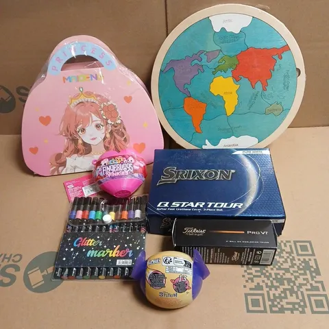 TOTE OF APPROXIMATELY 20 ASSORTED TOYS/RELATED ITEMS TO INCLUDE WORLD MAP PUZZLE, PRINCESS DRESS ROOM, DISNEY STITCH BLIND CAPSULE FIGURE, GOLF BALLS, GLITTER MARKERS ETC