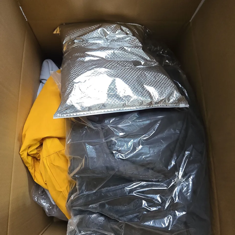 LARGE BOX OF ASSORTED CLOTHING ITEMS IN VARIOUS SIZES, STYLES AND COLOUR 