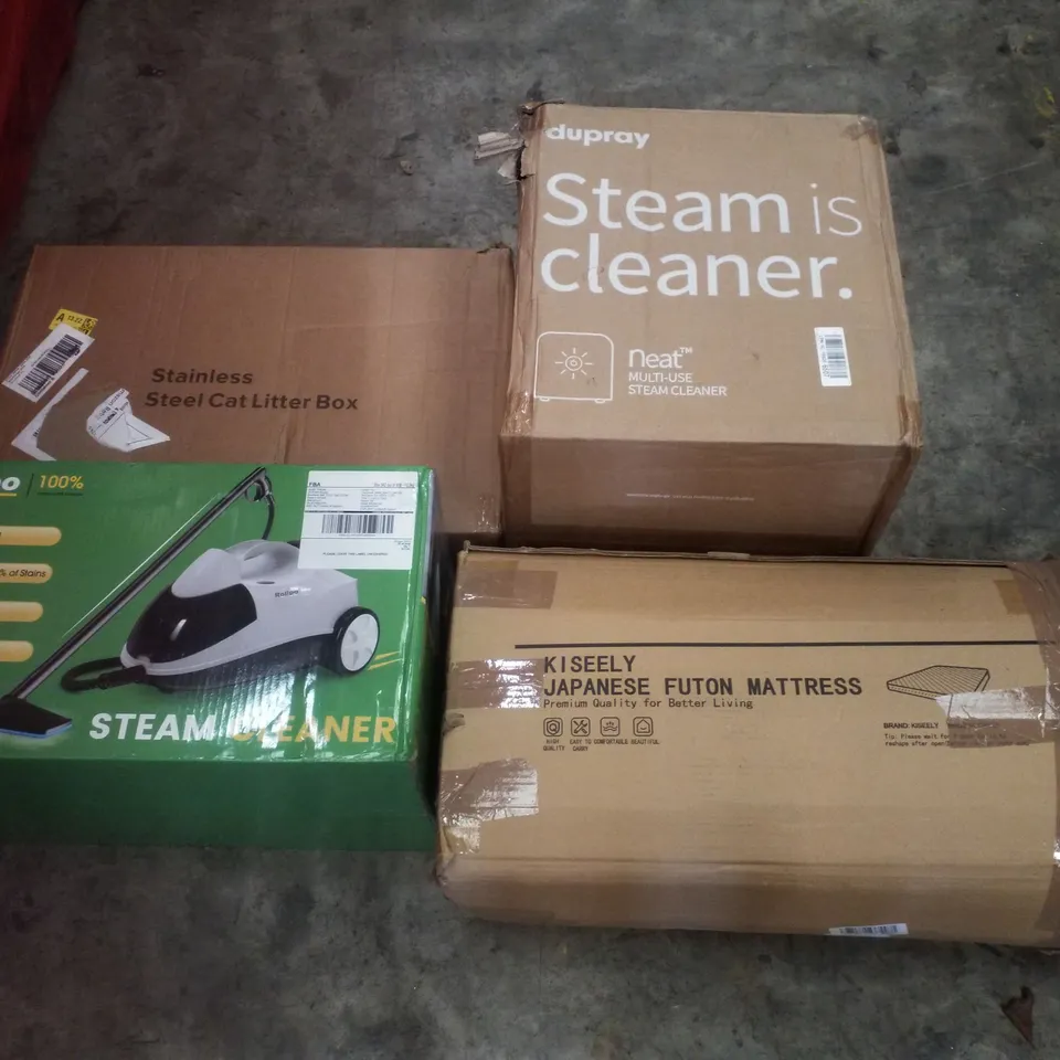 PALLET CONTAINING ASSORTED PRODUCTS INCLUDING MULTI-USE STEAM CLEANER, JAPANESE FUTON MATTRESS, STEAM CLEANER & STEEL CAT LITTER BOX