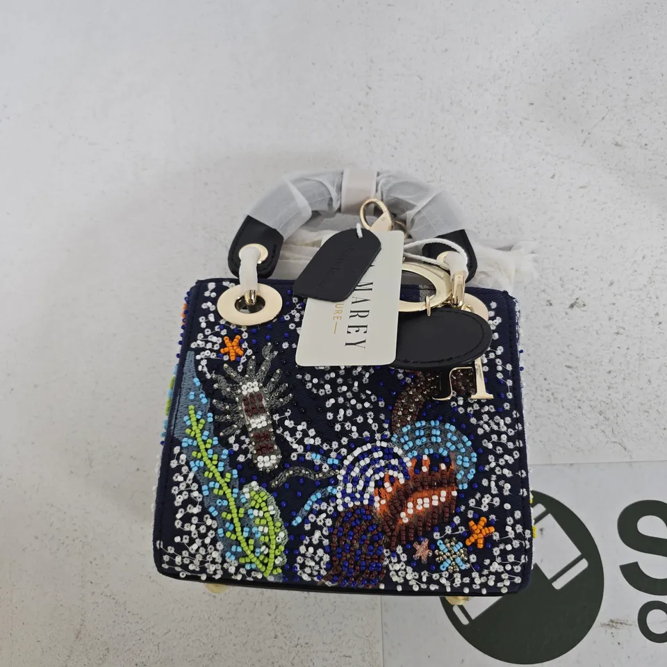 LA MAREY SIGNATURE NAVY BEADED HANDBAG WITH MULTICOLOUR EMBROIDERY