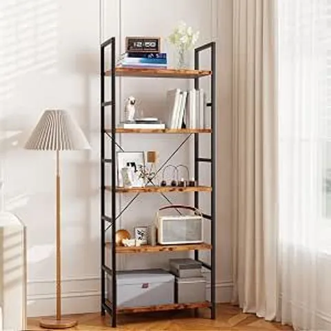 BOXED LEVEDE 5-TIER BOOKCASE, 158CM TALL BOOKSHELF, SHELVING UNIT, RUSTIC BROWN WOOD AND METAL FRAME