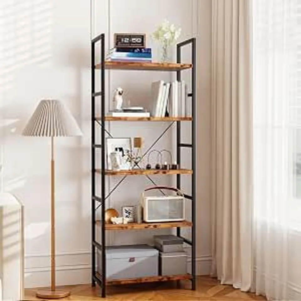 BOXED LEVEDE 5-TIER BOOKCASE, 158CM TALL BOOKSHELF, SHELVING UNIT, RUSTIC BROWN WOOD AND METAL FRAME