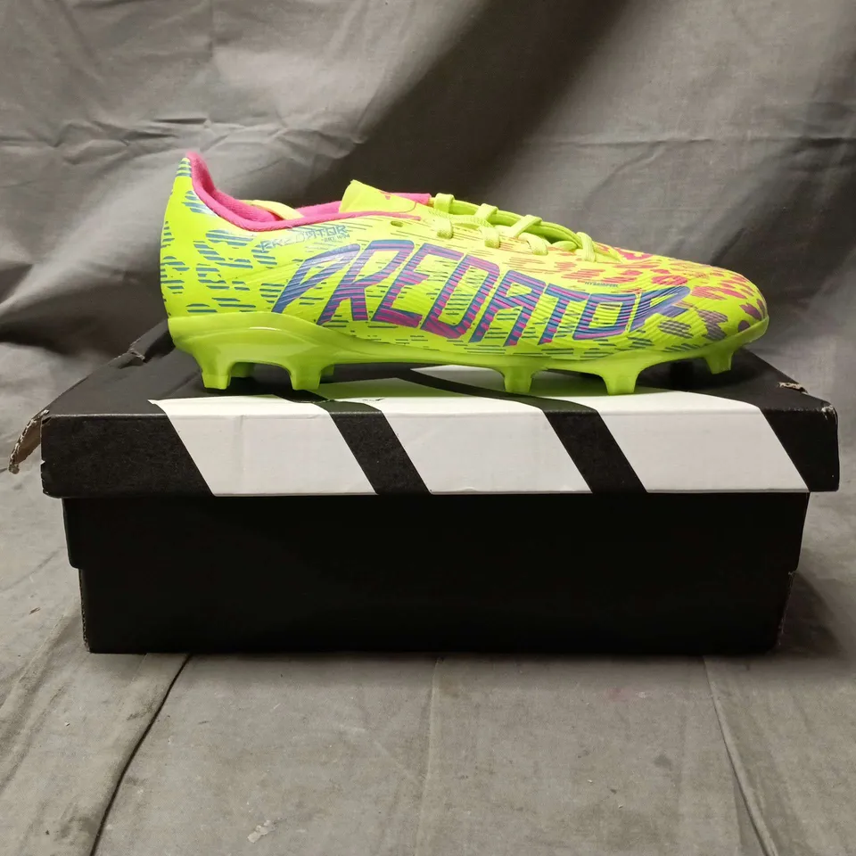 BOXED PAIR OF ADIDAS PREDATOR FOOTBALL BOOTS – NEON YELLOW/GREEN WITH PINK LEOPARD PRINT SIZE UK 5