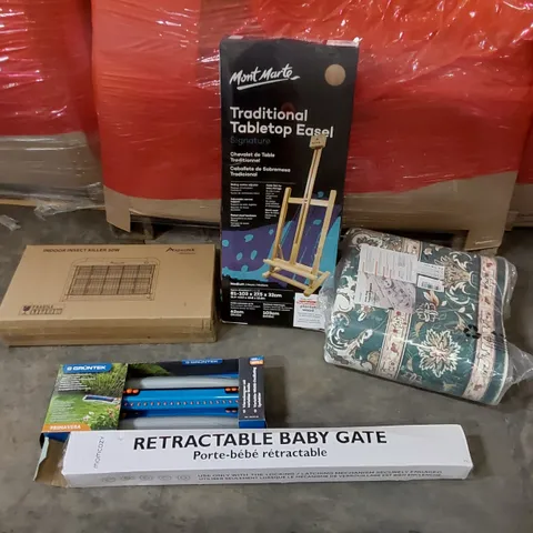 PALLET CONTAINING ASSORTED CONSUMER PRODUCTS TO INCLUDE: 30W INSECT KILLER, RETRACTABLE BABY GATE, OSCILLATING SPRINKLER, TABLETOP EASEL, RUG ECT