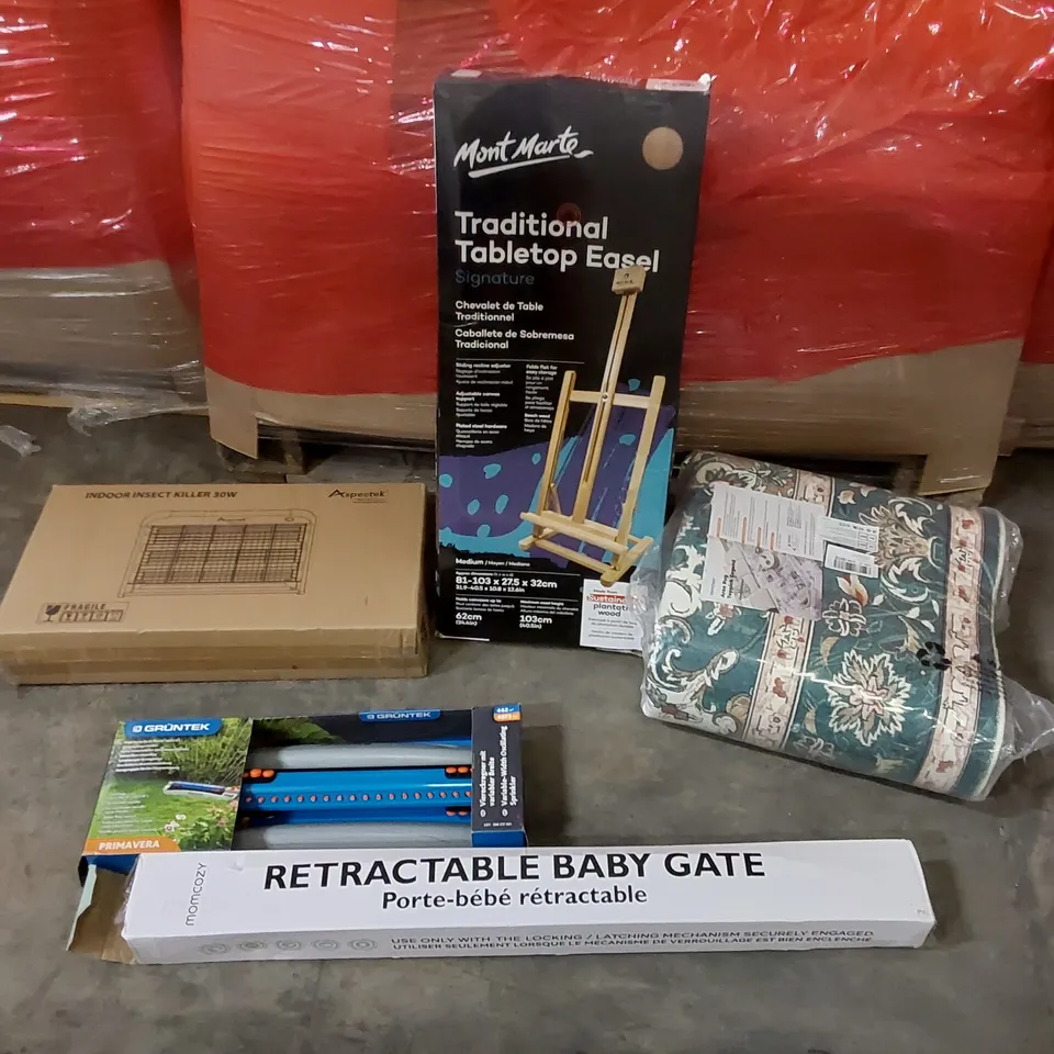 PALLET CONTAINING ASSORTED CONSUMER PRODUCTS TO INCLUDE: 30W INSECT KILLER, RETRACTABLE BABY GATE, OSCILLATING SPRINKLER, TABLETOP EASEL, RUG ECT