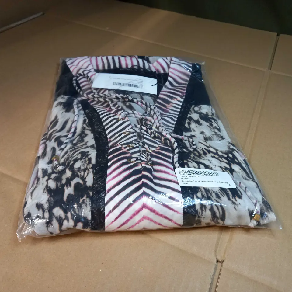 PACKAGED KAREN MILLEN MONO BEACH PATCHWORK PRINT WOVEN MIDI COVER UP - SIZE 6