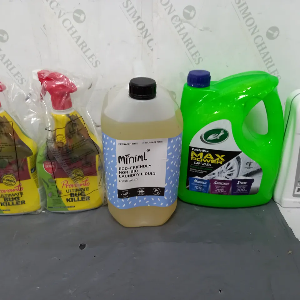 TOTE OF ASSORTED HOUSEHOLD GOODS TO INCLUDE BMW LIFETIME COOLANT 87, MAX POWER CAR WASH, MINIML LAUNDRY LIQUID, AND BUG KILLER - COLLECTION ONLY 