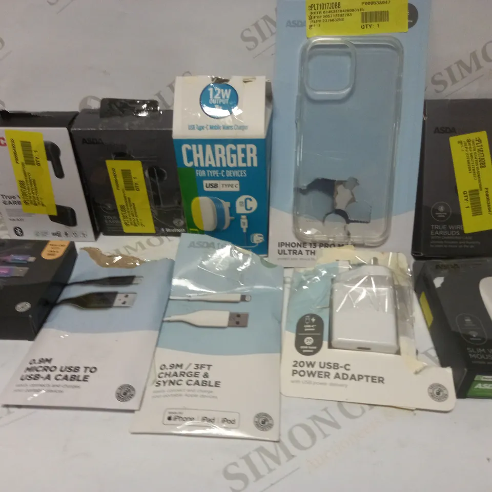 BOX TO CONTAIN APPROX. 20 X ASSORTED ELECTRONIC PRODUCTS & TECH GOODS, INCLUDES CHARGING CABLES, COMPUTER MOUSE, EARPHONES, PHONE CASE ETC 