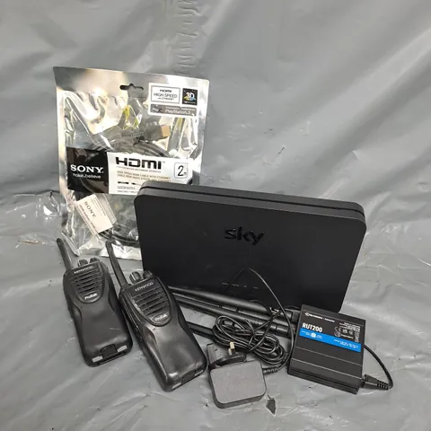 APPROXIMATELY 12 ASSORTED HOUSEHOLD ITEMS TO INCLUDE WALKIE TALKIE, SKY ROUTER, HDMI CABLE, ETC