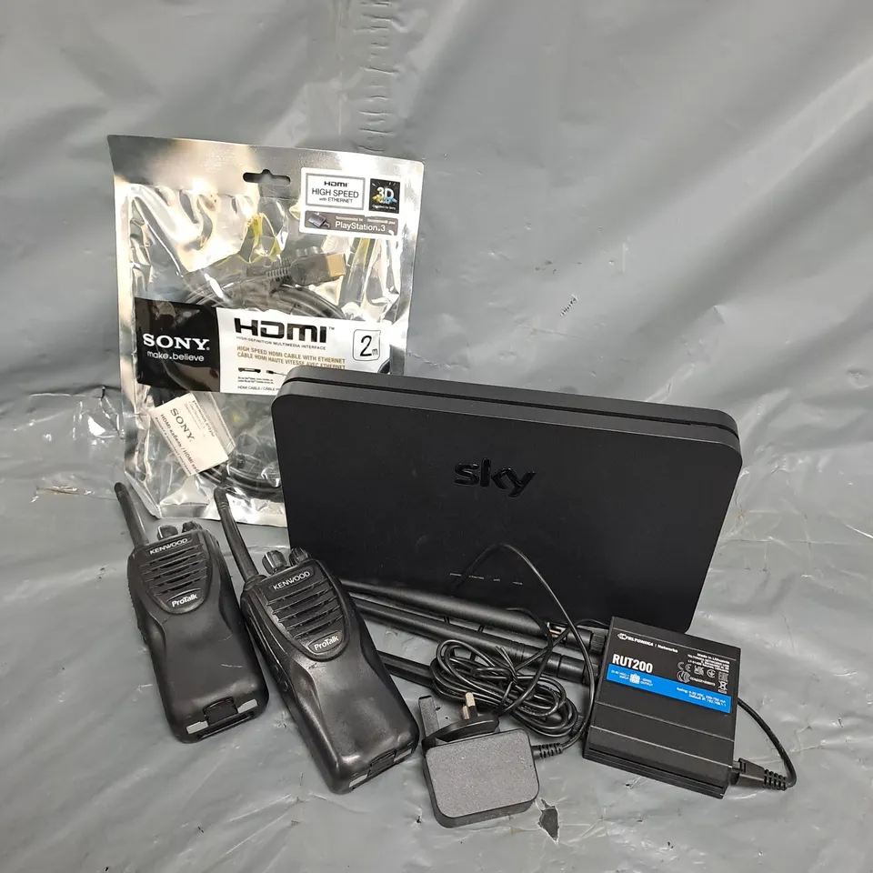 APPROXIMATELY 12 ASSORTED HOUSEHOLD ITEMS TO INCLUDE WALKIE TALKIE, SKY ROUTER, HDMI CABLE, ETC