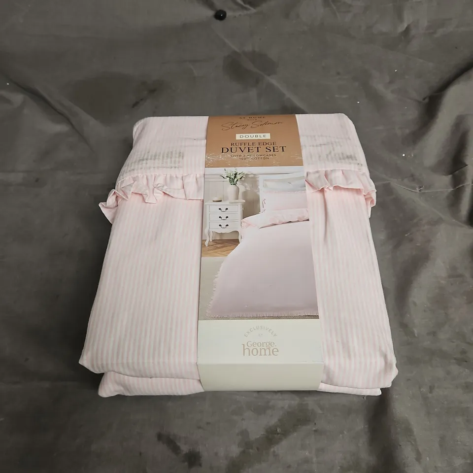 STACEY SOLOMON RUFFLE EDGE DUVET SET IN PINK STRIPE SIZE DOUBLE
