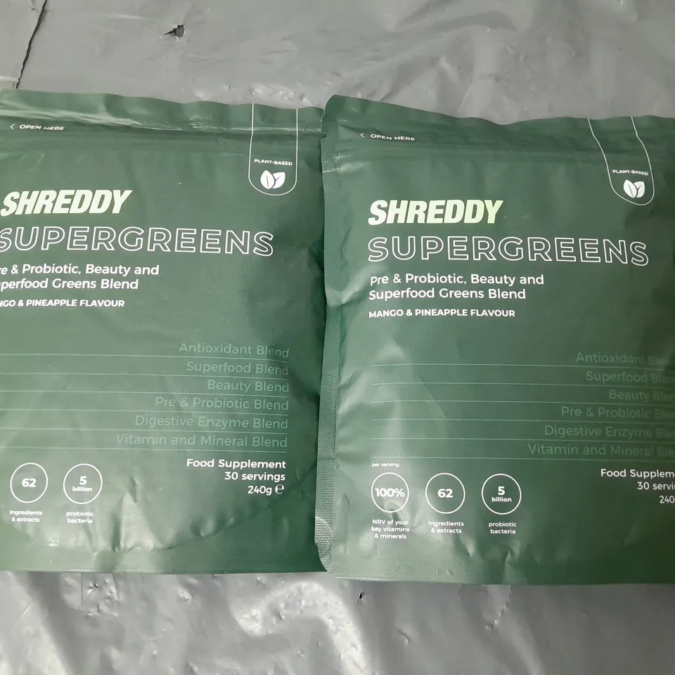 LOT OF 2 SHREDDY SUPERGREENS MANGO & PINEAPPLE 240G SUPPLEMENTS