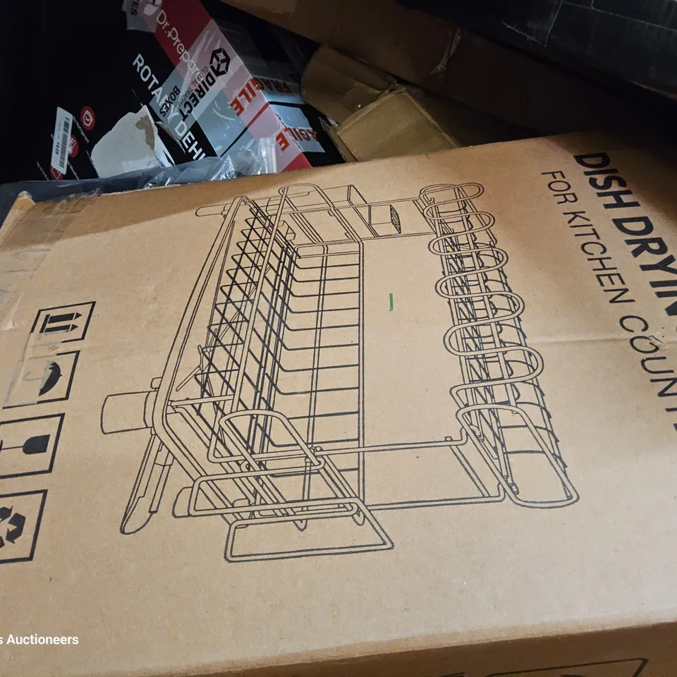 PALLET OF ASSORTED ITEMS TO INCLUDE, SEASONAL WREATH, DISH DRYING RACK, KNITTING MACHINE, BABY FITNESS BLANKET, CAR SEAT BACK CUSHION. DEHUMIDIFIER.