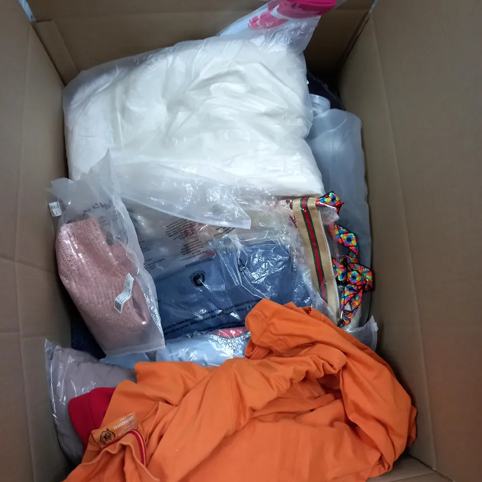 LARGE BOX OF ASSORTED CLOTHING ITEMS IN VARIOUS COLOURS AND SIZES INCLUDING TROUSERS , TOPS AND JUMPERS 