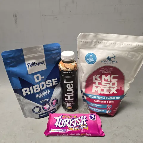 APPROXIMATELY 7 ASSORTED FOOD & DRINK ITEMS TO INCLUDE - HUEL ICED LATTE , FRYS TRUKISH DELIGHT , KMC ISO MIX RASPBERRY & MINT ETC