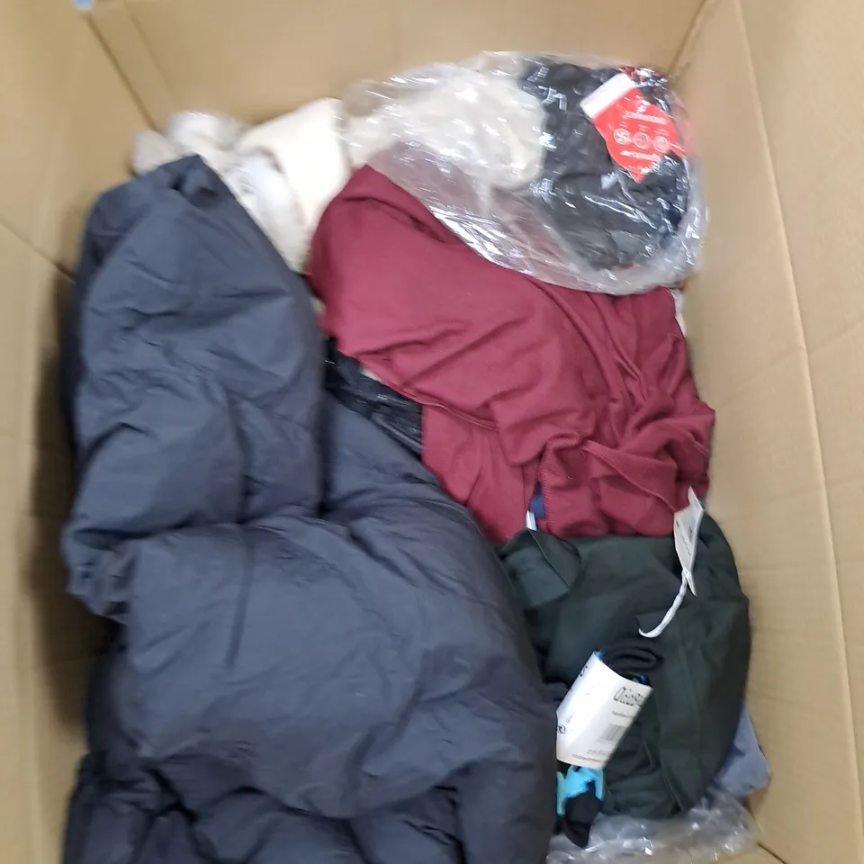 BOX OF ASSORTED CLOTHING ITEMS TO INCLUDE SWEATER, BELTS, BODY SUIT ETC 