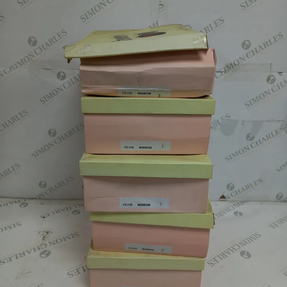 5 BOXED PAIRS OF STRAWBERRY WEDGE SHOES IN MUSHROOM TO INCLUDE SIZES 3, 5