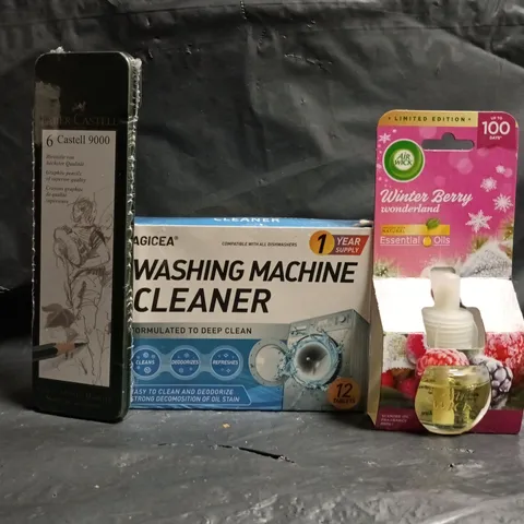 APPROXIMATELY 10 ASSORTED HOUSEHOLD ITEMS TO INCLUDE AIR WICK SCENTED OIL FRAGRANCE REFILL, WASHING MACHINE CLEANER, ETC