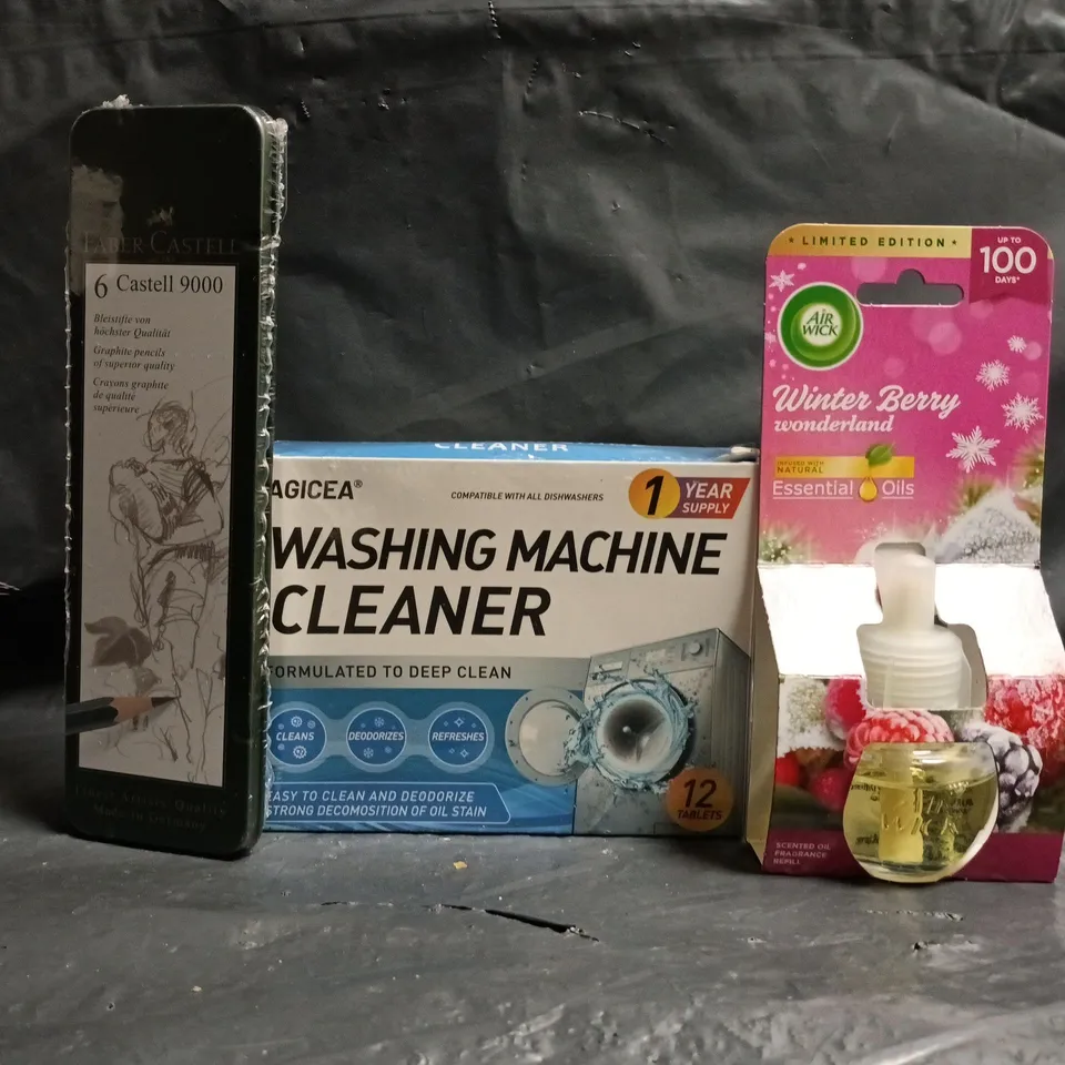 APPROXIMATELY 10 ASSORTED HOUSEHOLD ITEMS TO INCLUDE AIR WICK SCENTED OIL FRAGRANCE REFILL, WASHING MACHINE CLEANER, ETC