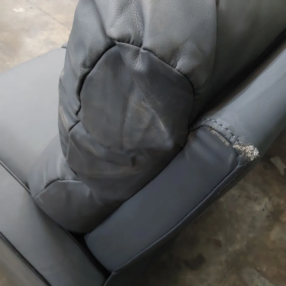 DESIGNER MANUAL RECLINING THREE SEATER SOFA GREY LEATHER WITH BLACK PIPING