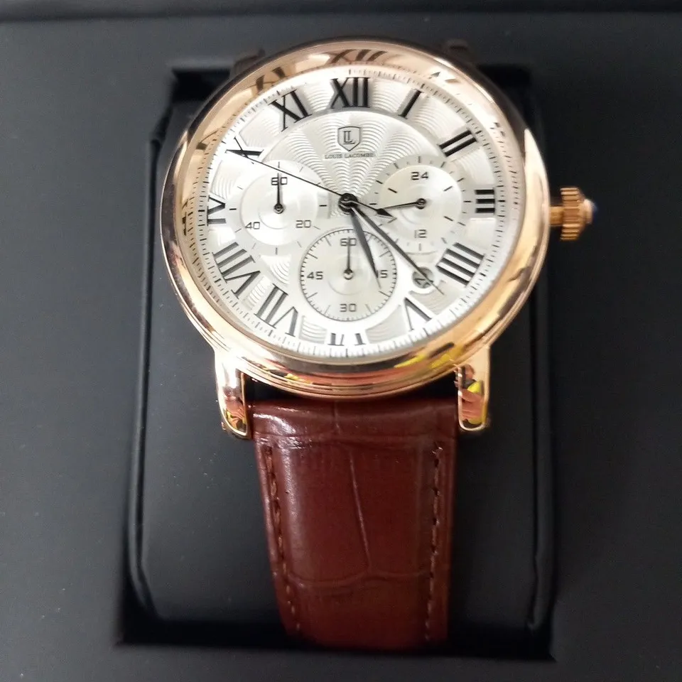 MENS LOUIS LACOMBE CHRONOGRAPH WATCH – MULTI FUNCTION DIAL WITH DATE – ROMAN NUMERAL DIAL – LEATHER STRAP – GIFT BOX – EST £420