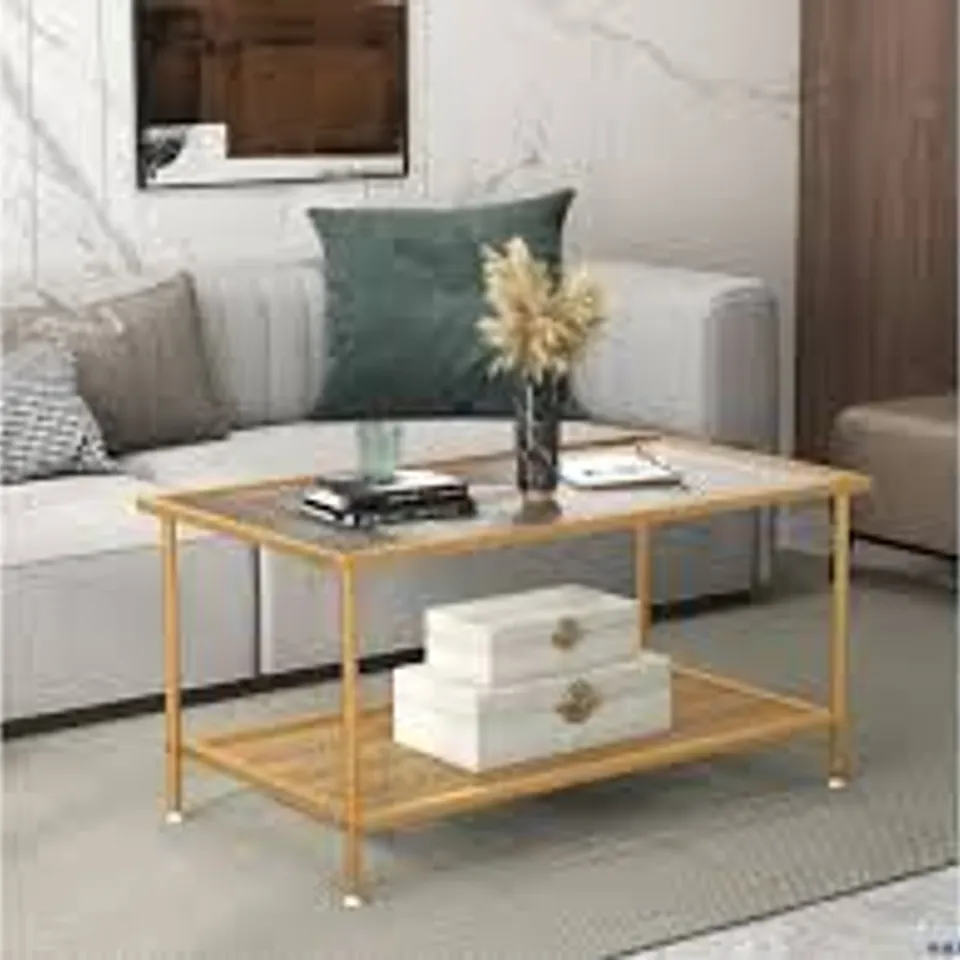 BOXED COSTWAY SINGLE SHELF GOLDEN TEMPERED GLASS TOP COFFEE TABLE