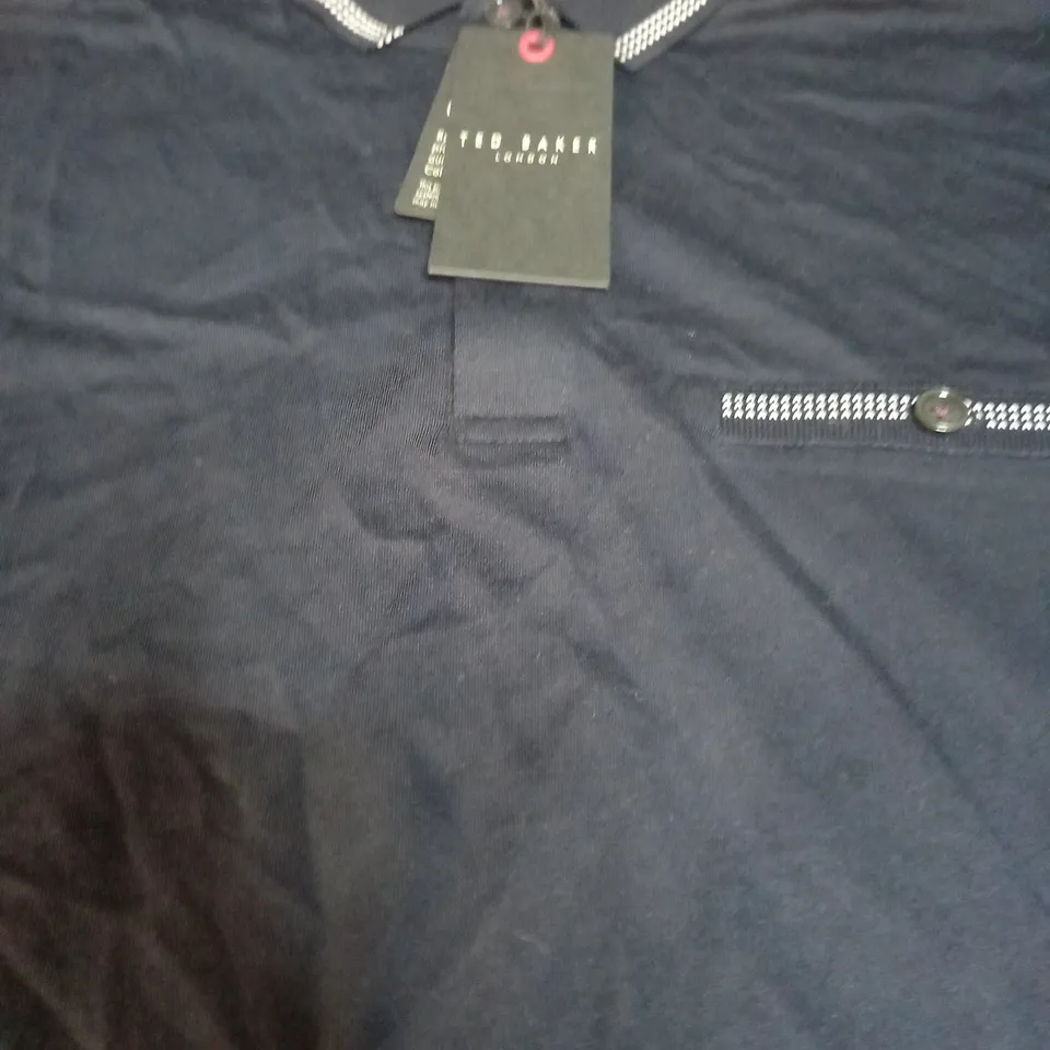 TED BAKER LONDON SS POLO WITH BIRDSEYE STRIPE COLLAR - NAVY