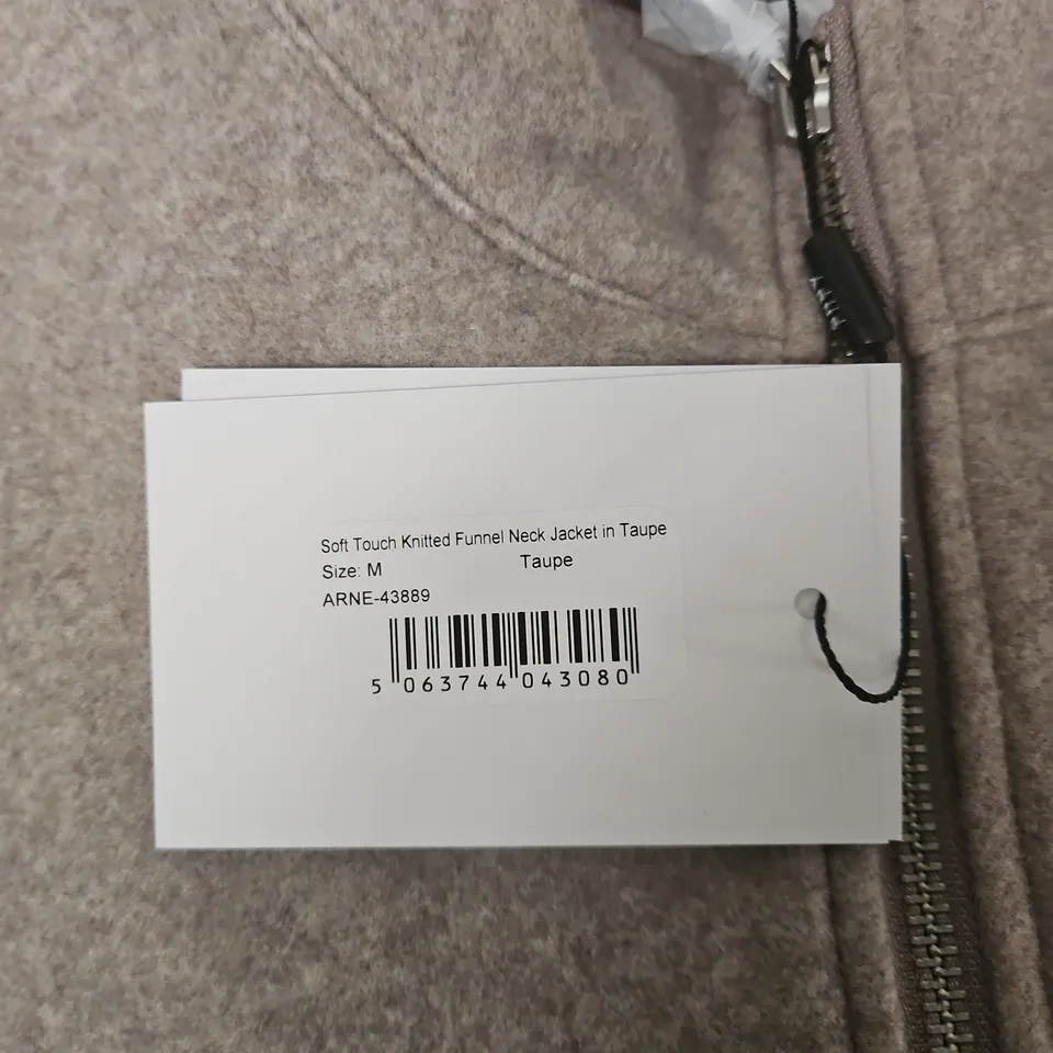 ARNE SOFT TOUCH KNITTED FUNNEL NECK JACKET – TAUPE, SIZE M