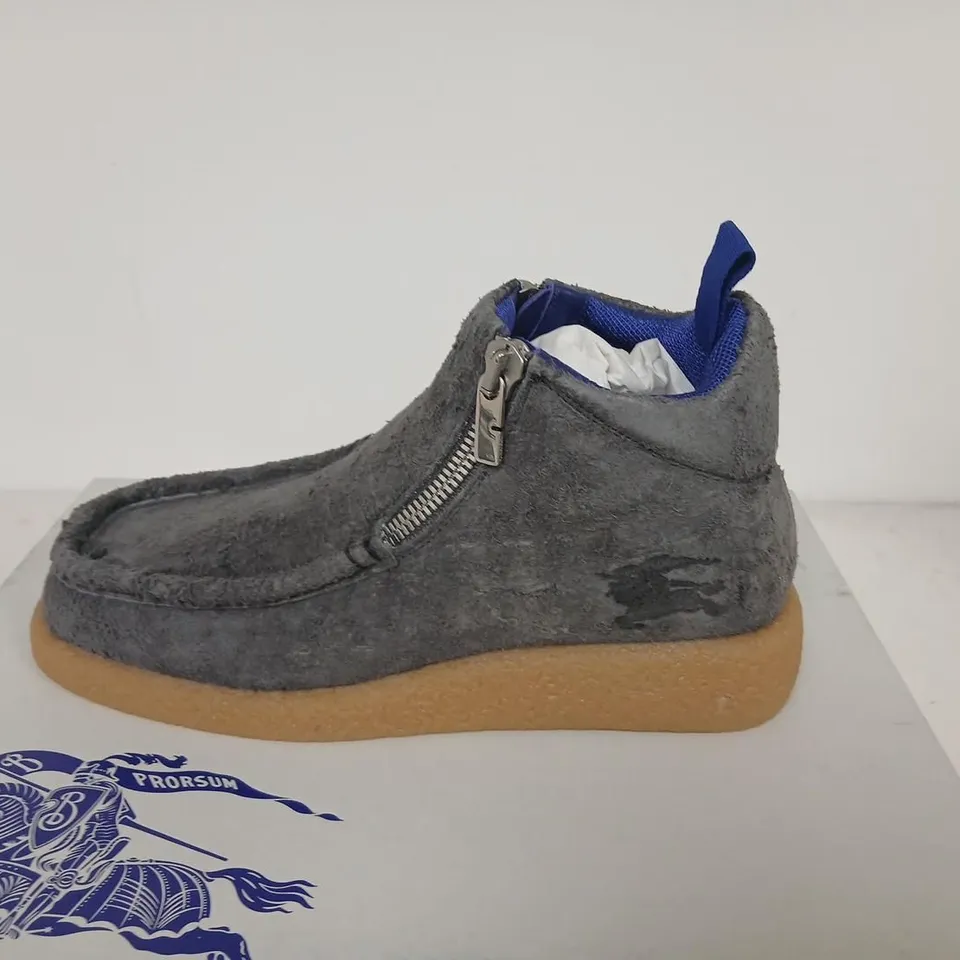 BURBERRY GREY SUEDE ZIP-ANKLE BOOTS, UK 5 (EU 39)