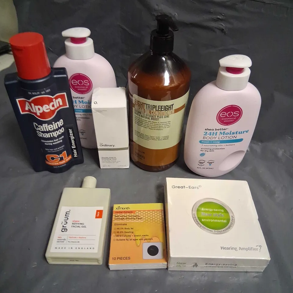 LARGE QUANTITY OF ASSORTED HEALTH AND BEAUTY PRODUCTS TO INCLUDE; EOS, ALPECIN, GRUUM AND EIGHT TRIPLE EIGHT