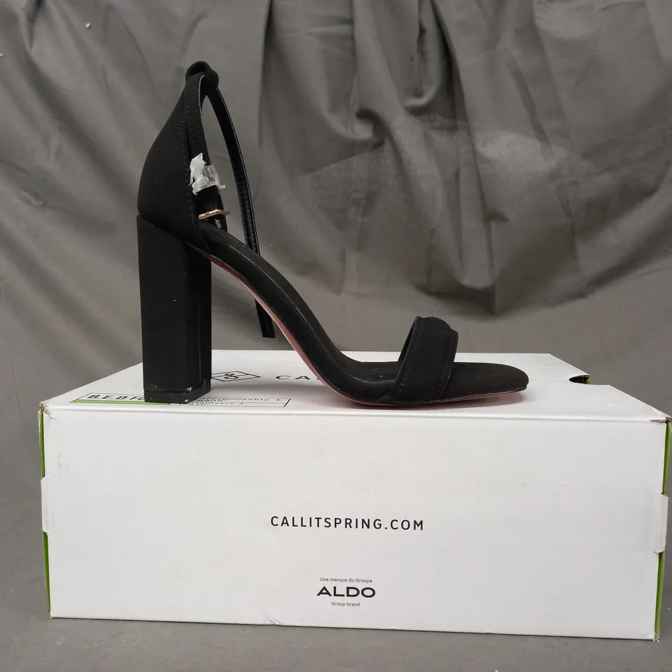 BOXED PAIR OF CALL IT SPRING KATARINA OPEN TOE BLOCK HEEL SANDALS IN BLACK UK SIZE 3