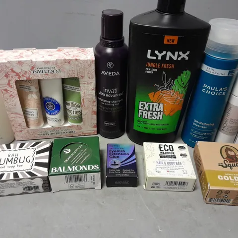 APPROX 15 ASSORTED BEAUTY PRODUCTS TO INCLUDE LYNX BODY WASH, PAULA'S CHOICE CLEANSER, BAH HUMBUG SOAP BAR, ETC 