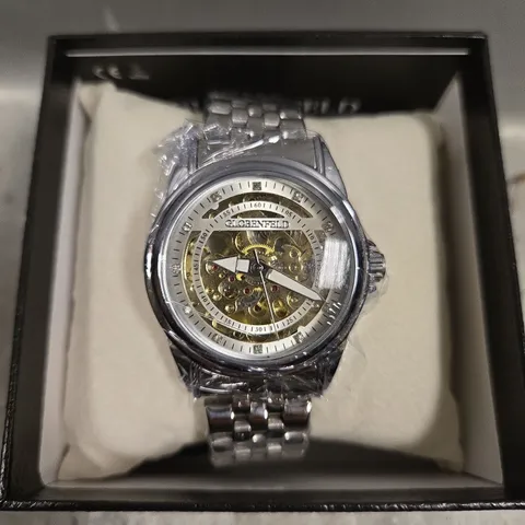 BOXED GLOBENFIELD EXHIBITION DIAL GENTS WATCH WITH SKELETON BACK CASE AND METAL STRAP