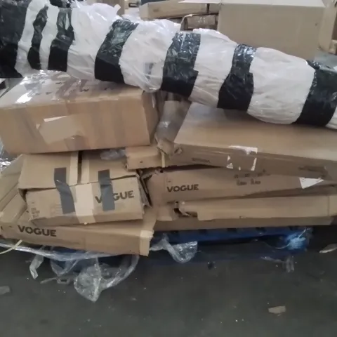PALLET OF ASSORTED HOUSEHOLD GOODS AND PRODUCTS TO INCLUDE;PLASTIC CUPS,BEER BENCH,3 TIER FLATPACKED TROLLEY