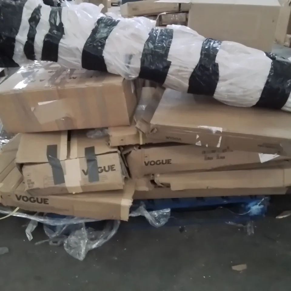 PALLET OF ASSORTED HOUSEHOLD GOODS AND PRODUCTS TO INCLUDE;PLASTIC CUPS,BEER BENCH,3 TIER FLATPACKED TROLLEY