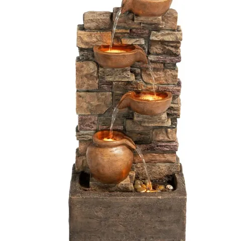BOXED OUTDOOR 28.5" 4 TIER CASCADING BOWL STACKED STONE FOUNTAIN YARD DECOR BROWN (1 BOX)