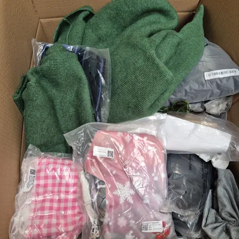 LARGE BOX OF ASSORTED CLOTHING ITEMS IN VARIOUS SIZES, STYLES AND COLOUR 