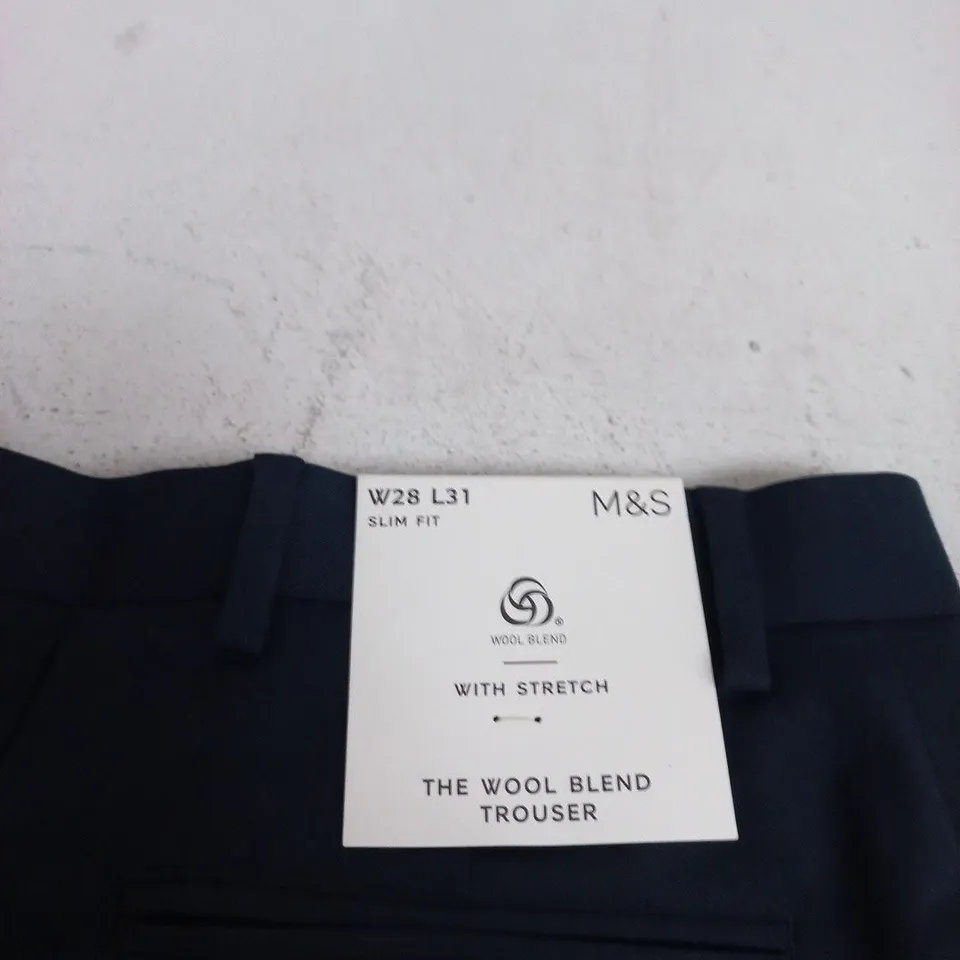 M&S WOOL BLEND TROUSERS – NAVY, UK 28W X L31, SLIM FIT