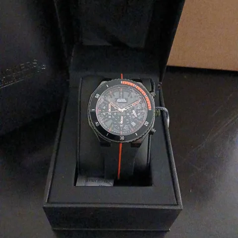 VICKERS ARMSTRONGS CHRONOGRAPH WATCH – BLACK WITH RED STRIPE STRAP (BOXED)