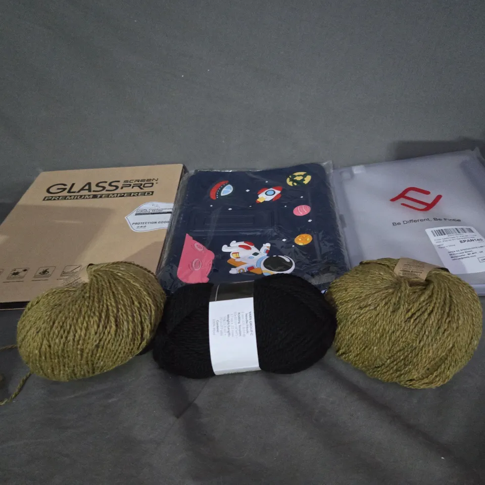 TOTE OF ASSORTED HOUSEHOLD ITEMS TO INCLUDE YARNS OF WOOL, TABLET CASES AND TEMPERED GLASS