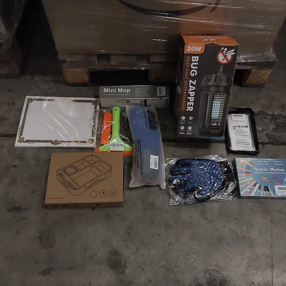PALLET OF ASSORTED ITEMS INCLUDING: BUG ZAPPER, PADDED INSOLES, SHOWER SQUEEGEES, CERTIFICATE PAPER, MINI MOP, PHONE CASE, ACRYLIC MARKERS, BENTO BOX. PET GROOMING GLOVES