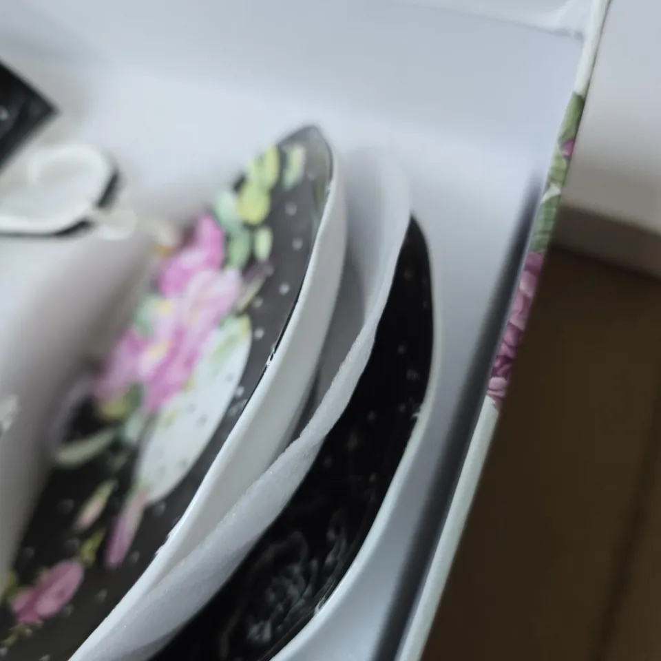 LONDON BOUTIQUE TEACUP & SAUCER SET – BLACK FLORAL PATTERN (2 CUPS + 2 PLATES)