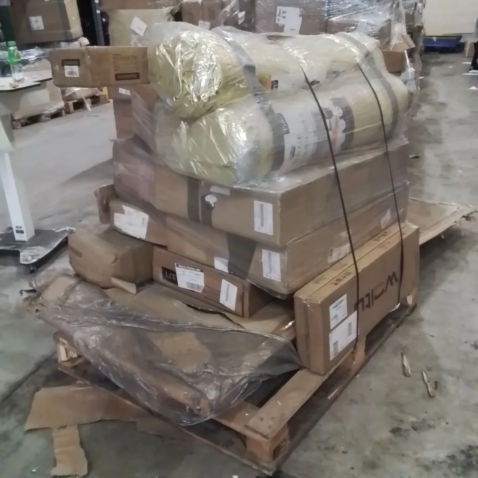 PALLET OF ASSORTED HOUSEHOLD GOODS AND PRODUCTS TO INCLUDE;FLOATING SHELVES,SIDE SHADE,NEST OF TABLES 