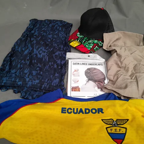 BOX OF APPROXIMATELY 25 ASSORTED CLOTHING ITEMS TO INCLUDE - HAT , T-SHIRT , TROUSERS ETC